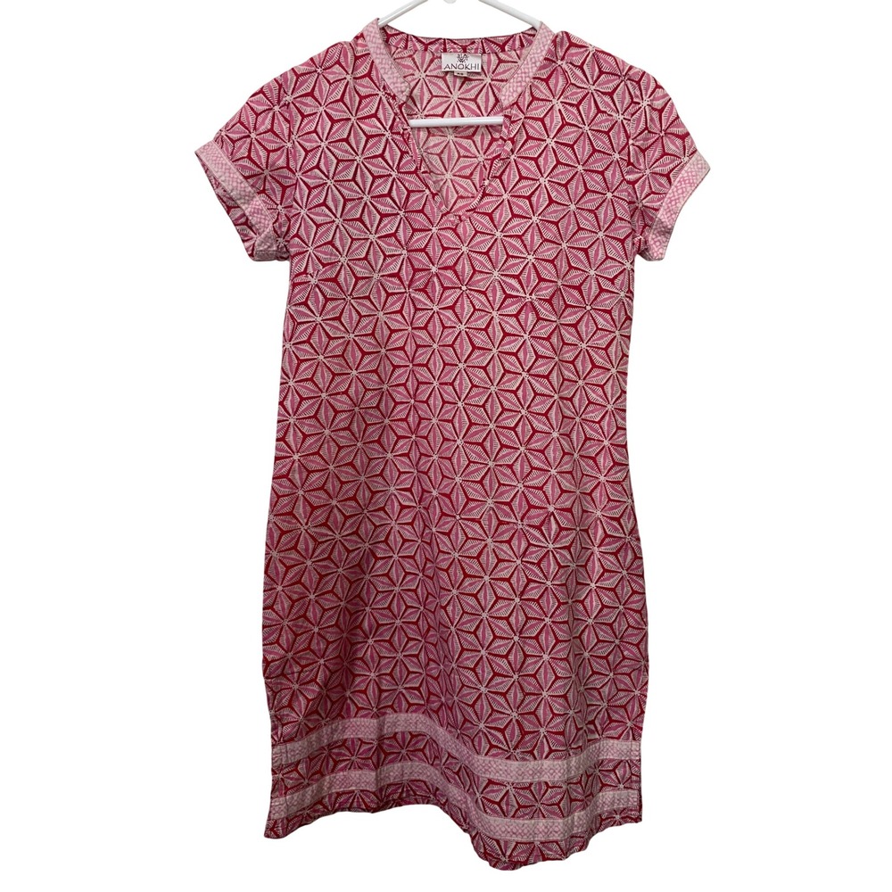 Anokhi Pink Red Geometric Block Print Cotton Mini Dress XS Short Sleeve V Neck